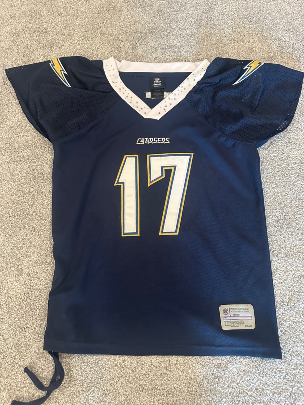 Reebok Navy Chargers 'Rivers' #17 Football Jersey with Gold & White Accents